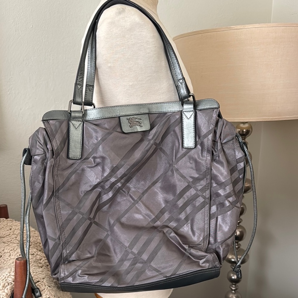 Burberry Nylon Check Small Buckleigh Packable Tote gray